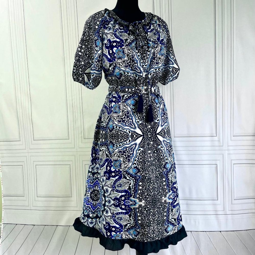 eShakti Blue & Black intricate print dress Knee length unique SMALL 4